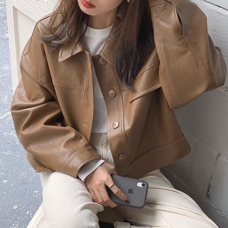 Brown Leather Coat Women's PU Leather - Image 2