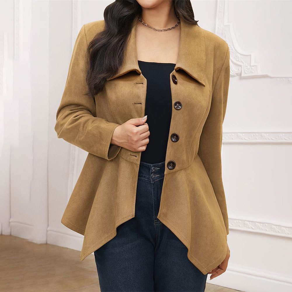 Women's Elegant Casual Polo Collar Irregular Suede Baggy Coat - Image 3