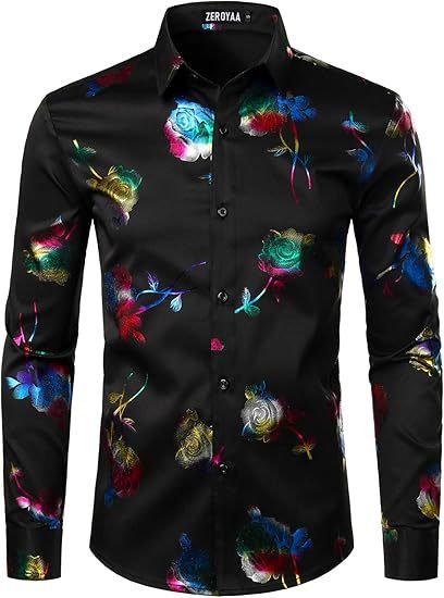 3D Golden Rose Print Slim Fit Long Sleeve Formal Wear Shirt - Image 3