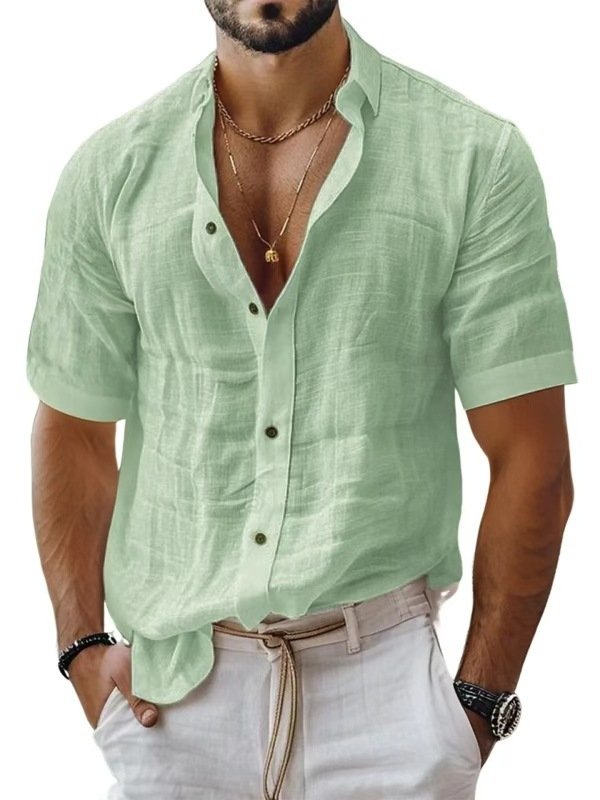 Men's Summer Men's Lapel Shirt Solid Color Short Sleeve Cotton Linen Shirt - Image 9