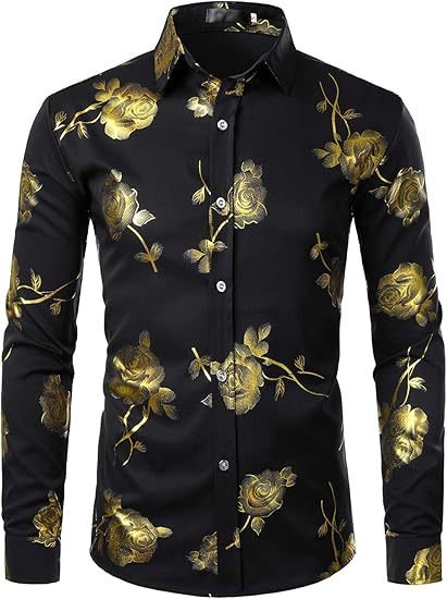 3D Golden Rose Print Slim Fit Long Sleeve Formal Wear Shirt - Image 8