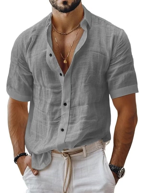 Men's Summer Men's Lapel Shirt Solid Color Short Sleeve Cotton Linen Shirt - Image 10