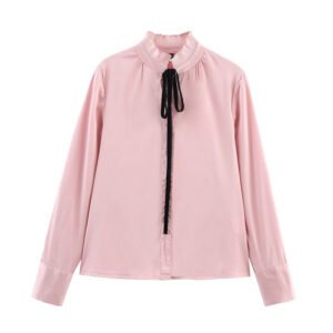 Satin Chiffon Flounce Trim Lace Up Long Sleeve Shirt