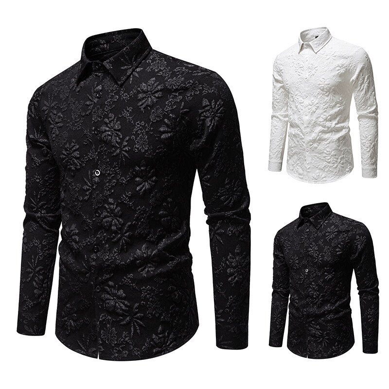 Men's Floral Long Sleeve Shirt Fashion Jacquard Loose-fitting Plus Size Tops - Image 2