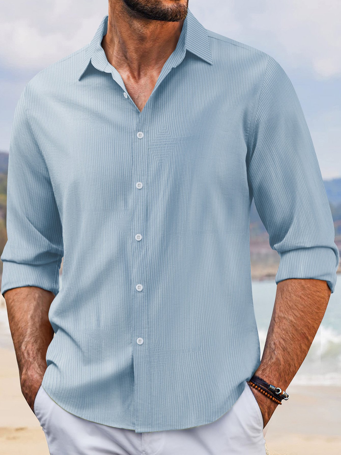 In Stock Spring And Autumn Jacquard Casual Men's Lapel Long Sleeve Shirt - Image 8