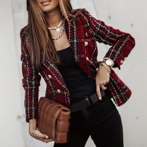 Women's Elegant Checkered Long Sleeve Blazer