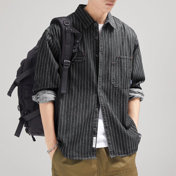 Men's Striped Denim Shirt Long Sleeve Japanese-style Retro - Image 4