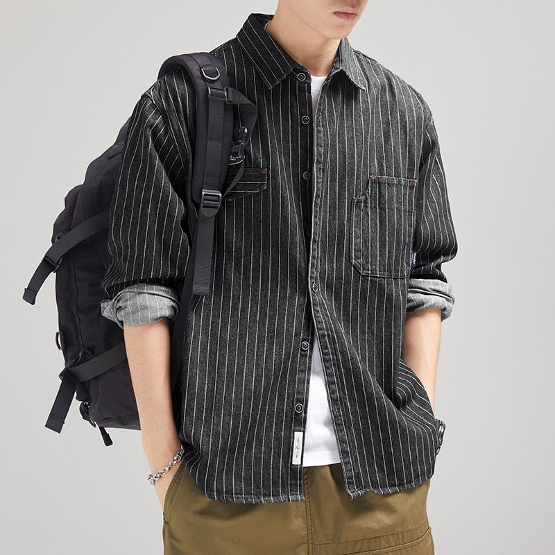 Men's Striped Denim Shirt Long Sleeve Japanese-style Retro - Image 4