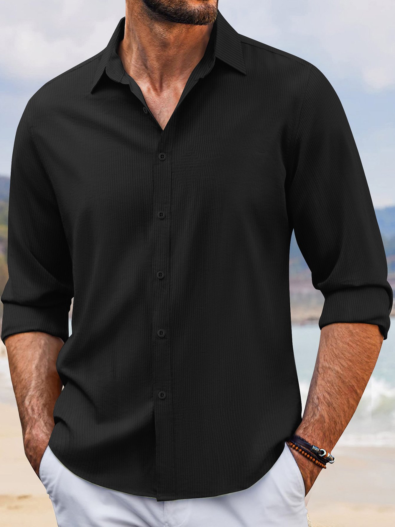In Stock Spring And Autumn Jacquard Casual Men's Lapel Long Sleeve Shirt - Image 2