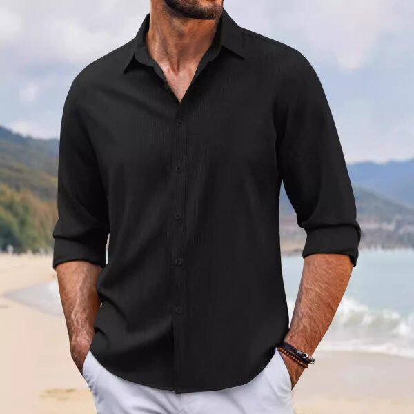 In Stock Spring And Autumn Jacquard Casual Men's Lapel Long Sleeve Shirt - Image 7