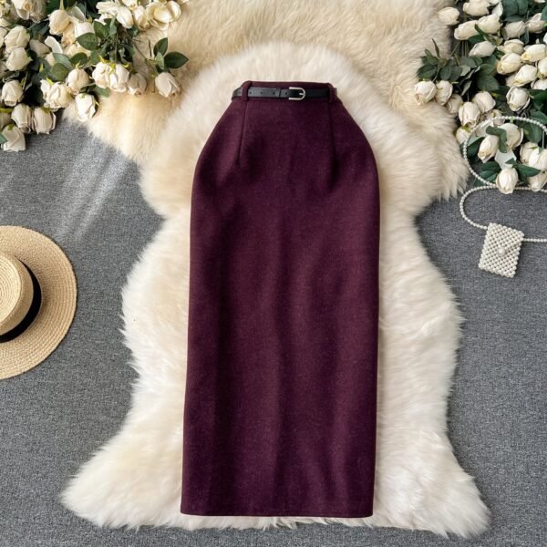 Woolen High Waist Sheath Split Straight One-step Skirt - Image 8