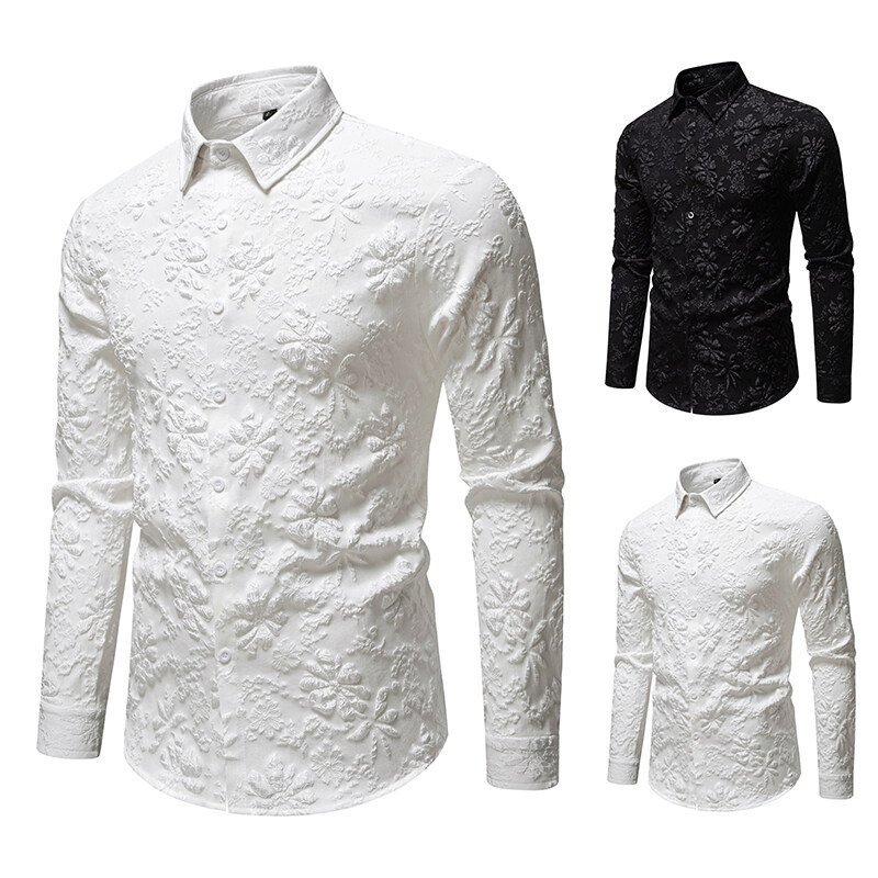 Men's Floral Long Sleeve Shirt Fashion Jacquard Loose-fitting Plus Size Tops - Image 7