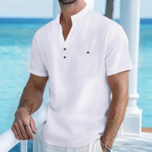Stand Collar T-shirt Linen Short Sleeve Shirt Men