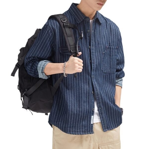 Men's Striped Denim Shirt Long Sleeve Japanese-style Retro - Image 2