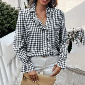 Women's French Style Checkered Button-Up Shirt