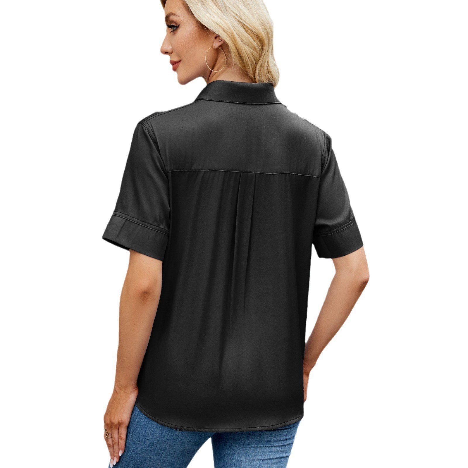 Women's One Breasted Faux Denim Short Sleeve Loose Shirt - Image 7