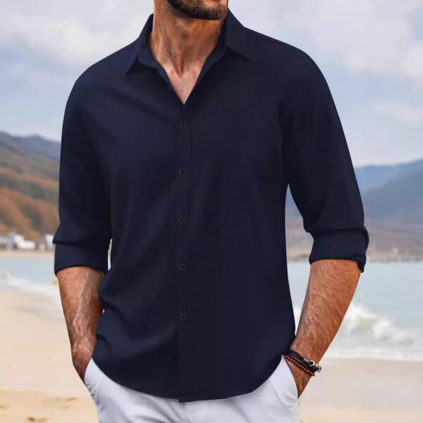 In Stock Spring And Autumn Jacquard Casual Men's Lapel Long Sleeve Shirt - Image 3