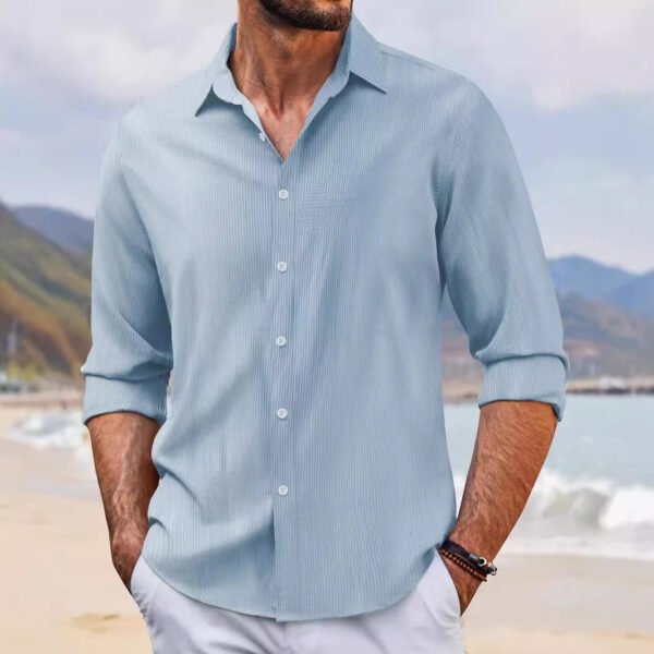 In Stock Spring And Autumn Jacquard Casual Men's Lapel Long Sleeve Shirt - Image 10