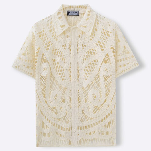 Men's Hollow Sweater Short Sleeved Crochet Cardigan Polo Shirt - Image 4